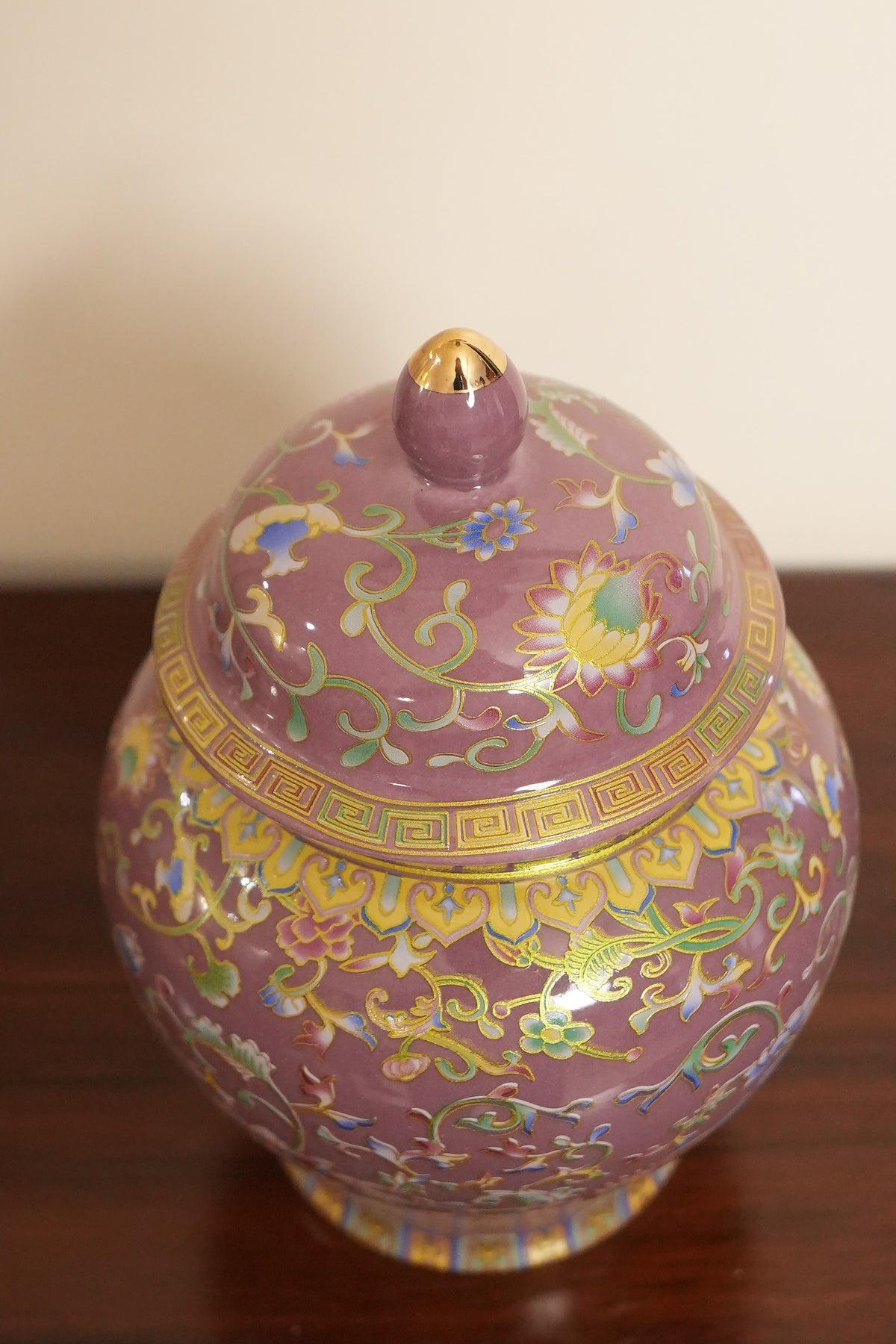Rose Pink Lotus Ceramic Ginger Jar with Gold Greek Key