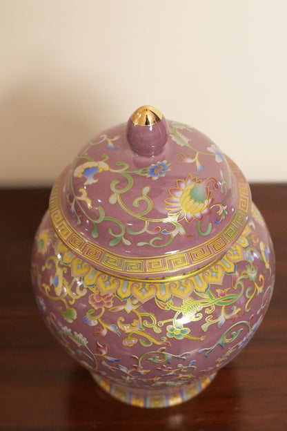 Rose Pink Lotus Ceramic Ginger Jar with Gold Greek Key