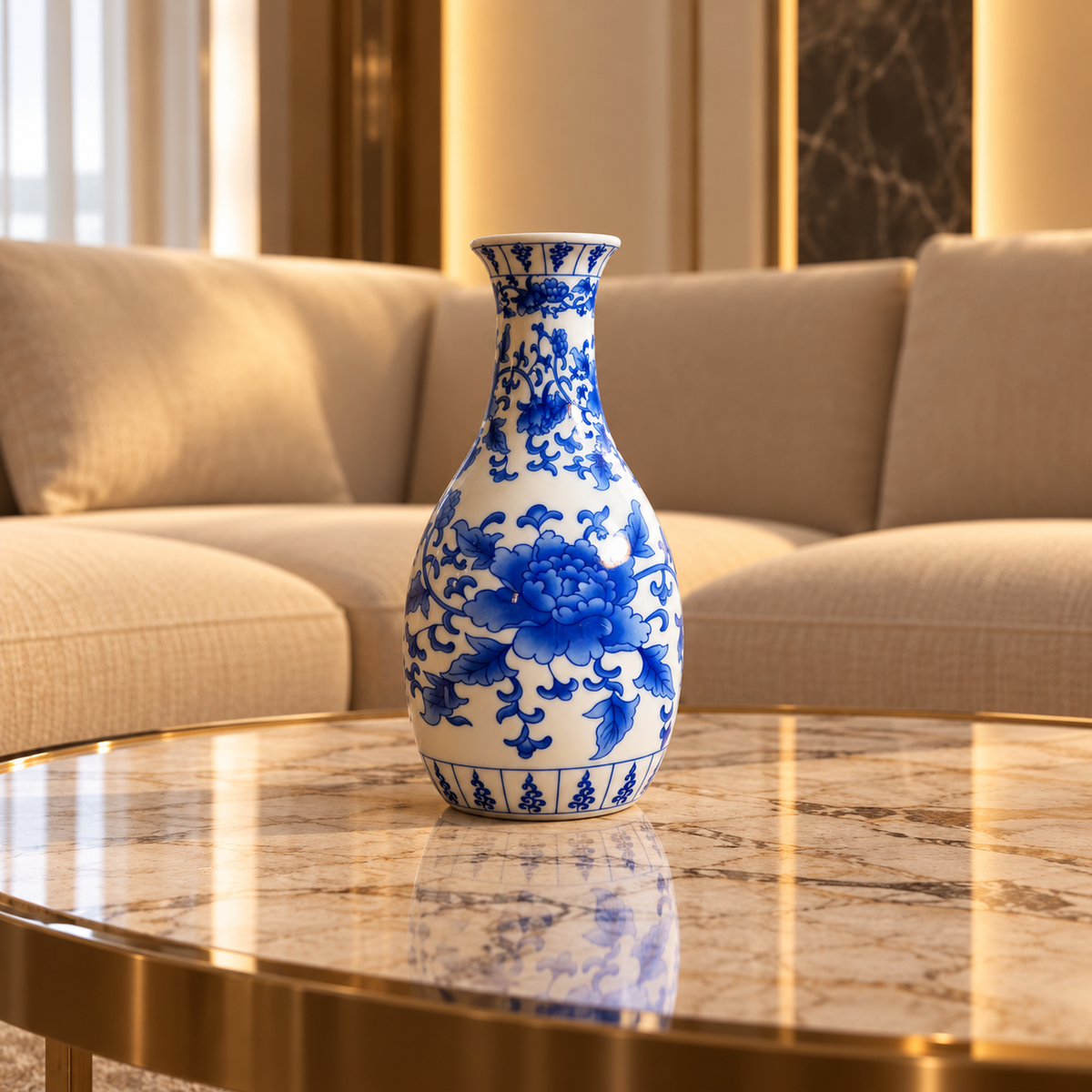Blue Peony Ceramic Oval Bud Vase