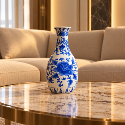 Blue Peony Ceramic Oval Bud Vase