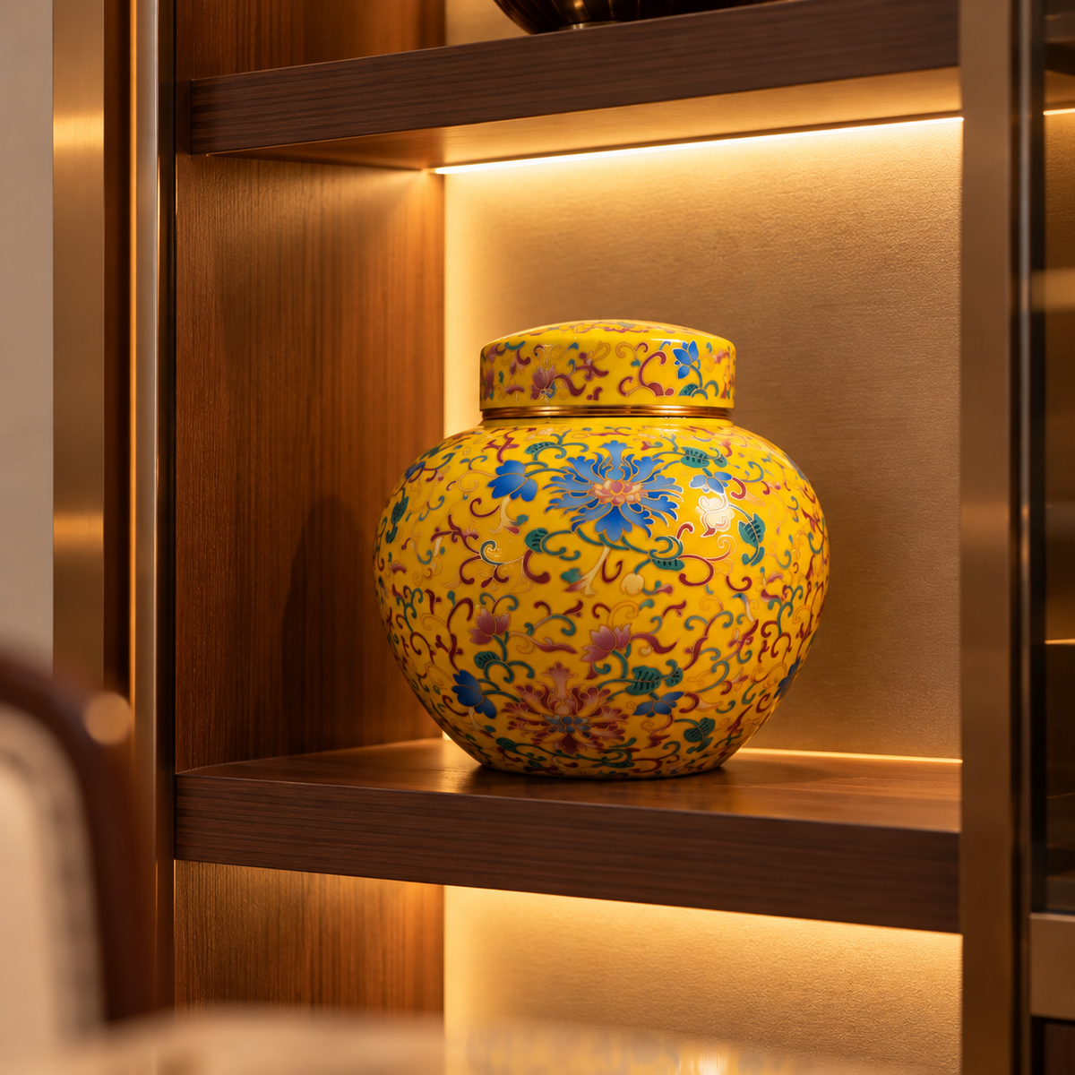 Imperial Yellow Enamel Floral Ceramic Round Lidded Jar