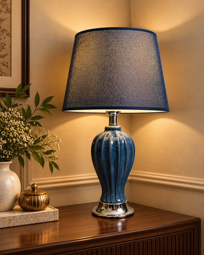 Cobalt Blue Speckled Fluted Ceramic Table Lamp with Navy Shade
