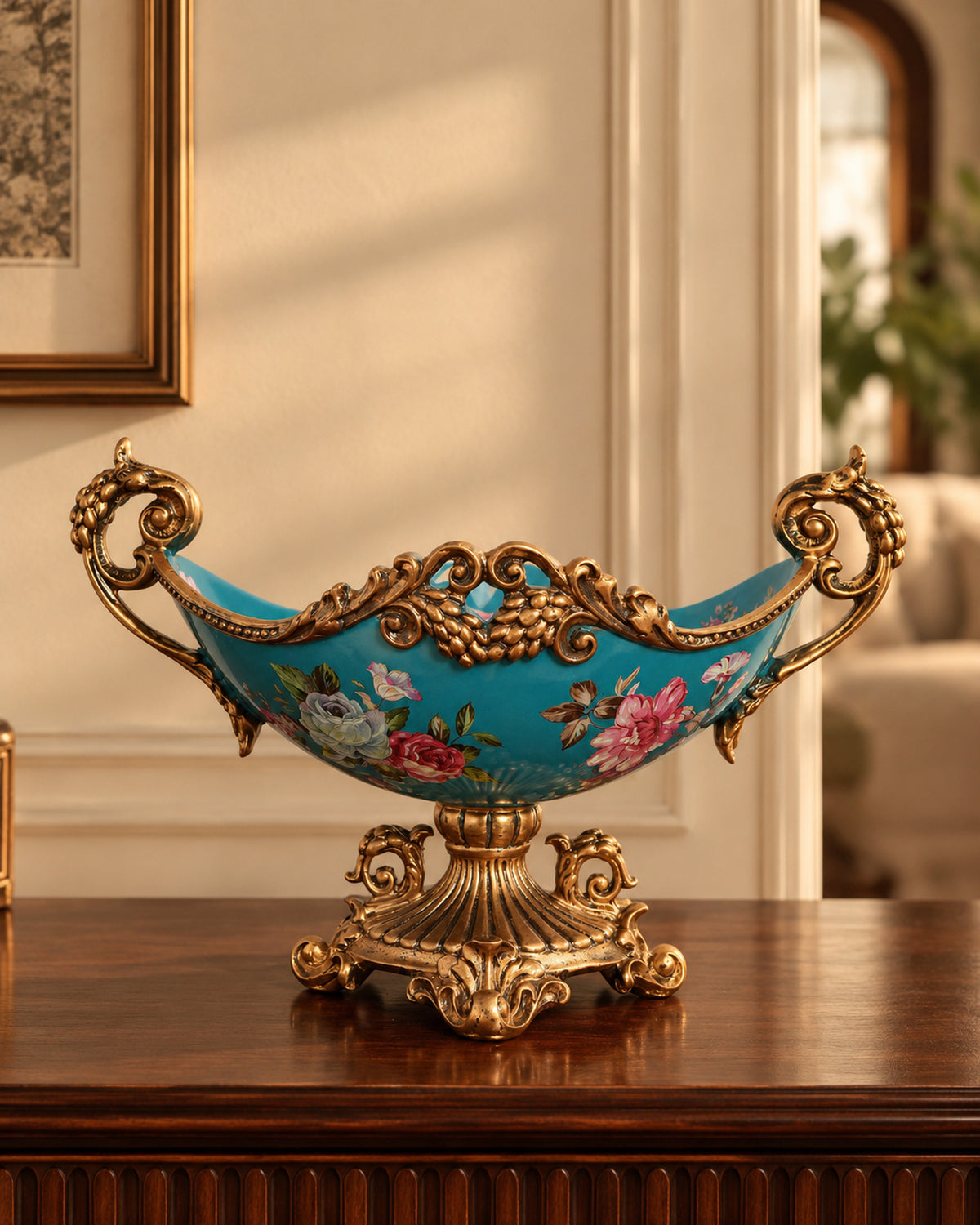 Teal Floral Ceramic Boat Centerpiece with Gold Handles