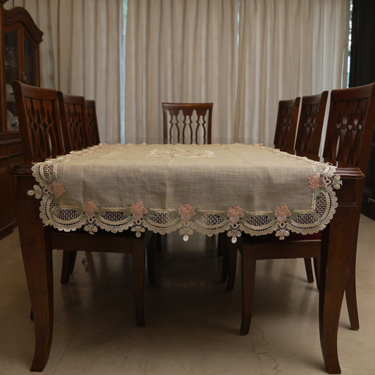 Pink rose lace table sheet on a dining table