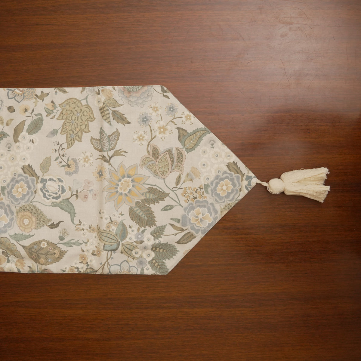 Sage Floral Print Table Runner with Tassels (Long)