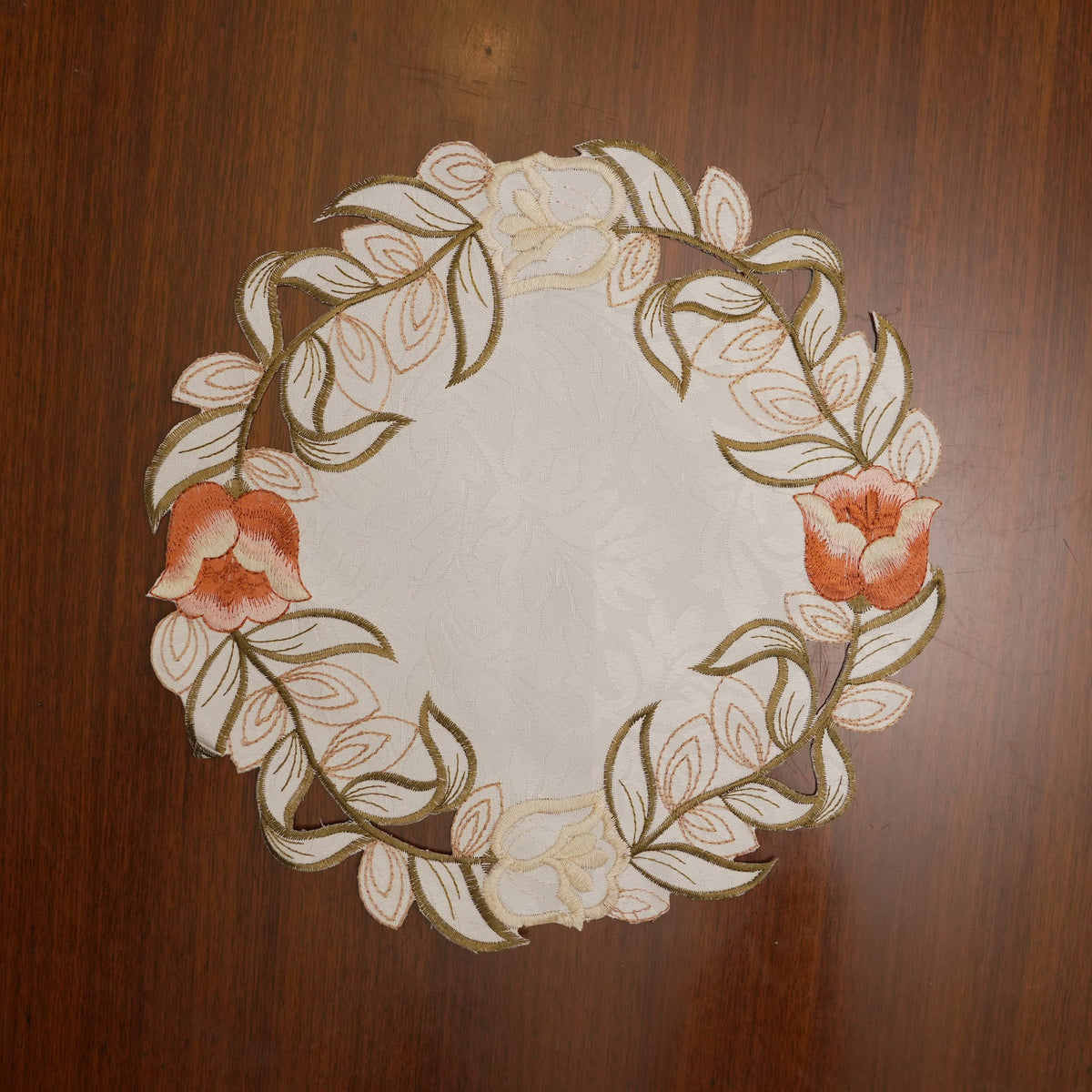 Orange Tulip Vine Cutwork Round Table Mat (Set of 2)
