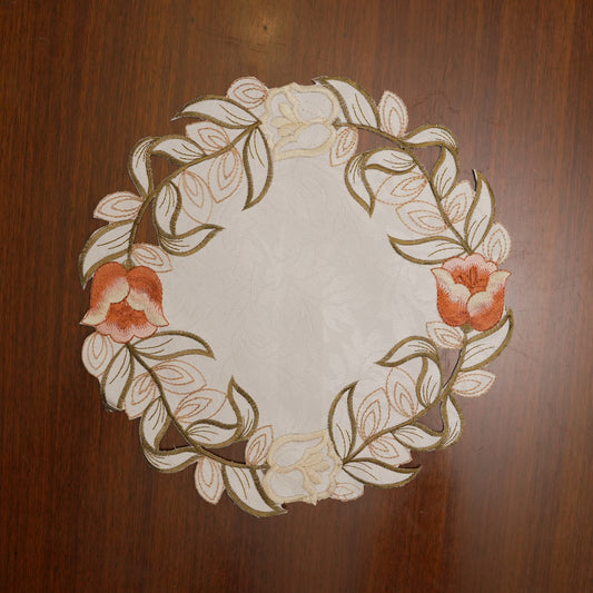 Orange Tulip Vine Cutwork Round Table Mat (Set of 2)