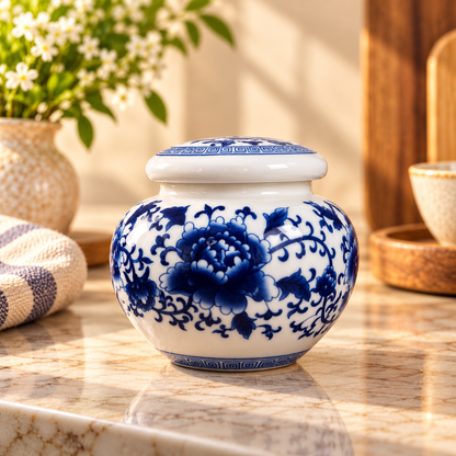 Blue Peony Ceramic Round Lidded Jar (Set of 2)