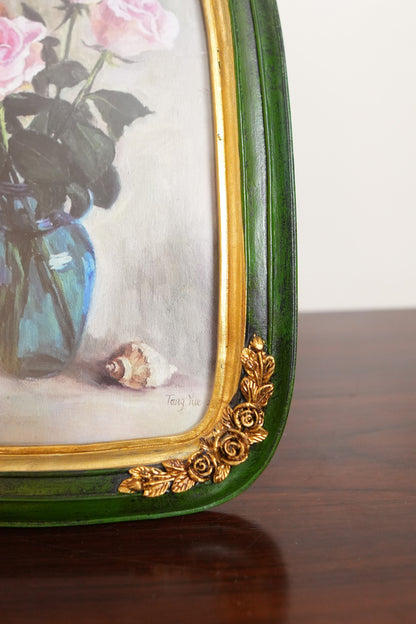 Grand Emerald Green Arched Photo Frame with Gold Rosettes