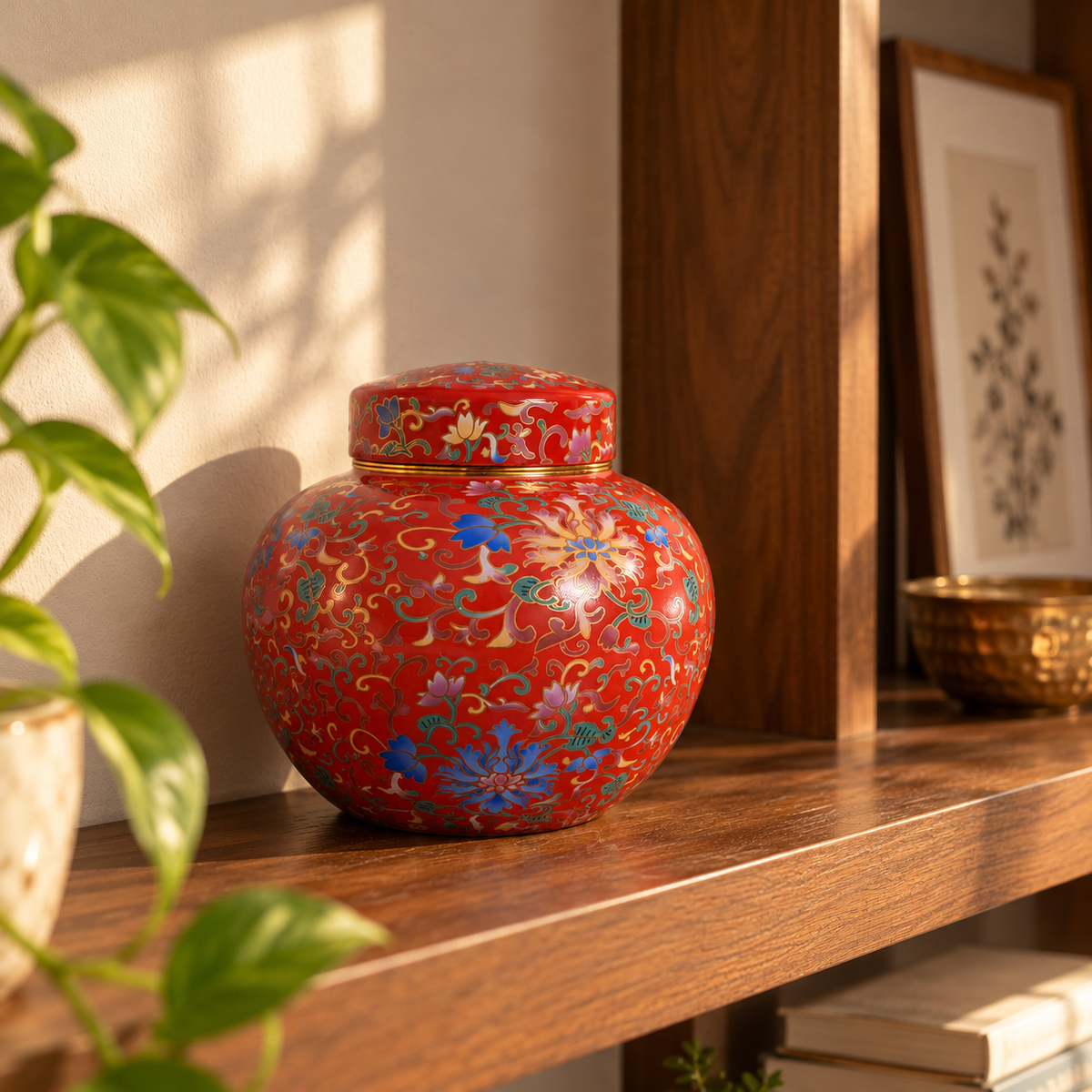 Coral Red Enamel Floral Ceramic Round Lidded Jar