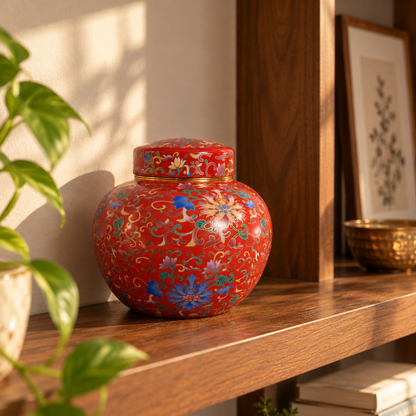 Coral Red Enamel Floral Ceramic Round Lidded Jar