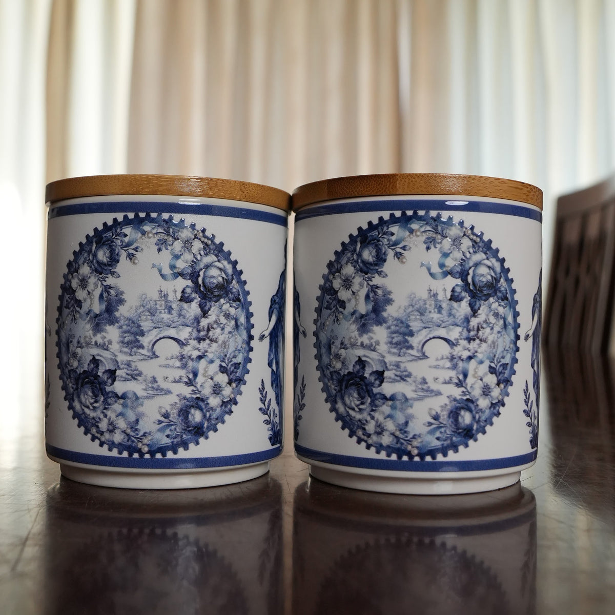 Blue Toile Ceramic Storage Jar with Bamboo Lid (Set of 2)