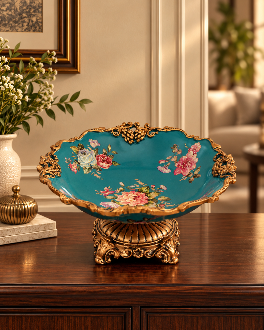 Teal Floral Ceramic Centerpiece Bowl on Gold Stand