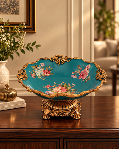 Teal Floral Ceramic Centerpiece Bowl on Gold Stand