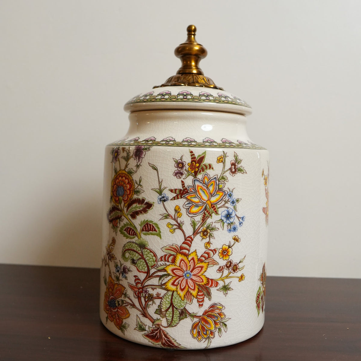 Ivory Jacobean Floral Ceramic Canister with Brass Finial Lid