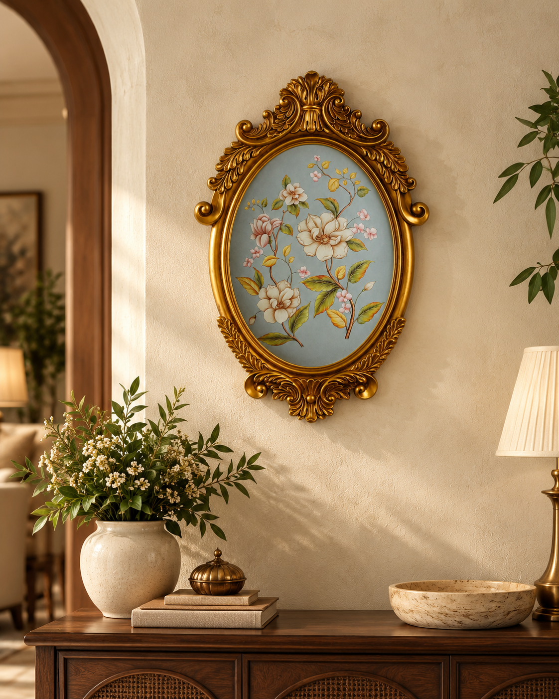 Powder Blue Magnolia Oval Wall Plaque with Gold Baroque Frame