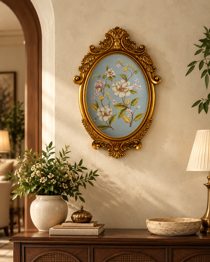 Powder Blue Magnolia Oval Wall Plaque with Gold Baroque Frame