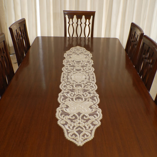 Ivory Satin Scroll Lace Table Runner (Long)