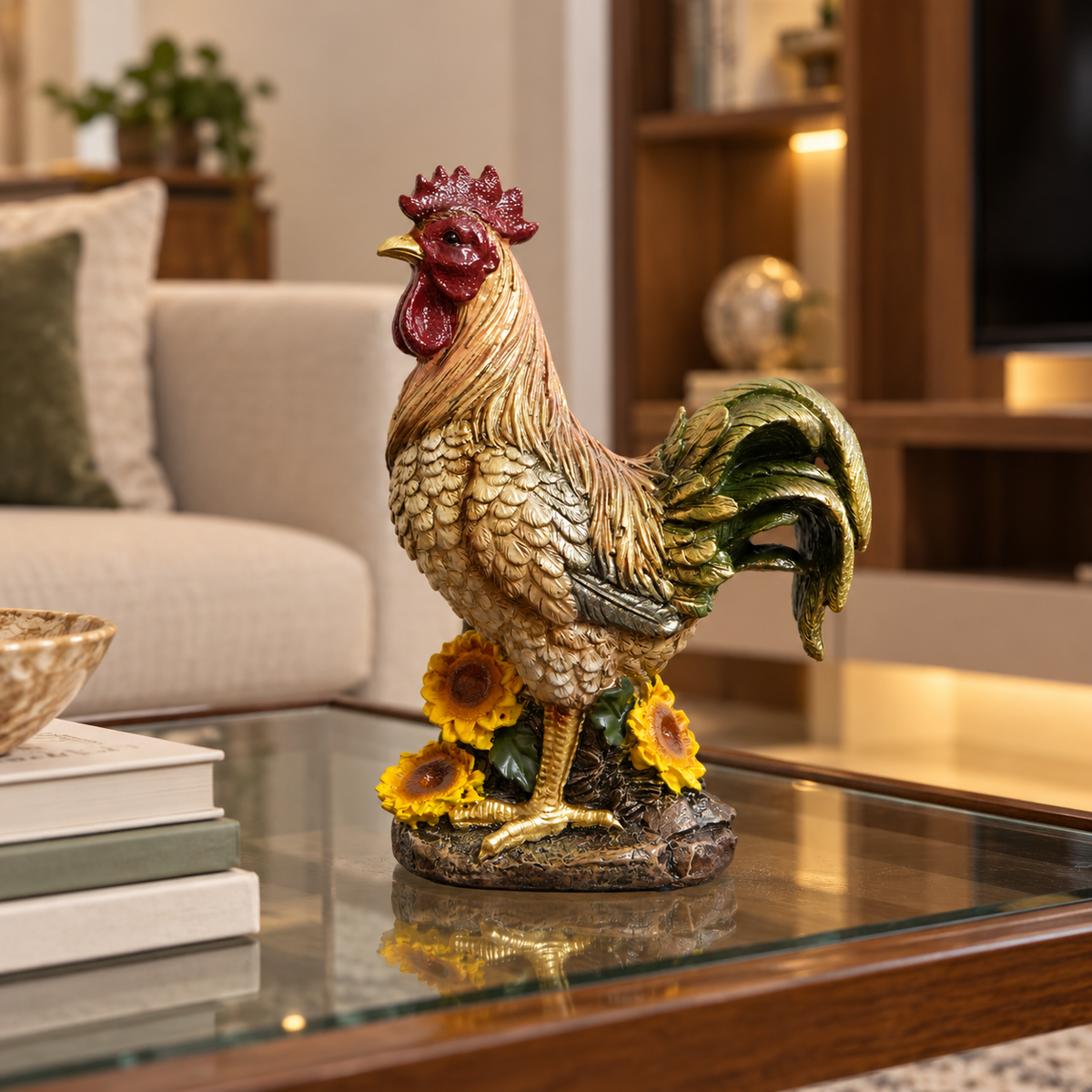 Golden Feather Rooster Figurine with Sunflowers
