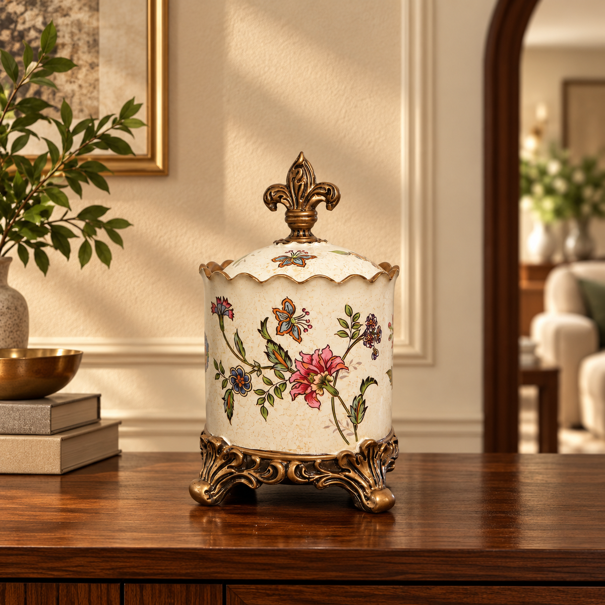 Ivory Floral Ceramic Lidded Canister with Gold Feet