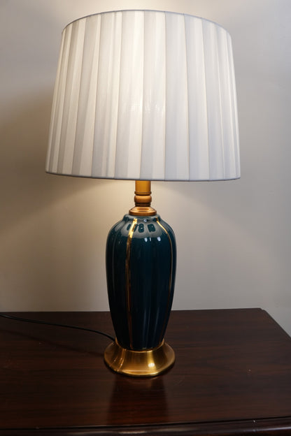 Teal Fluted Ceramic Table Lamp with Gold Stripes