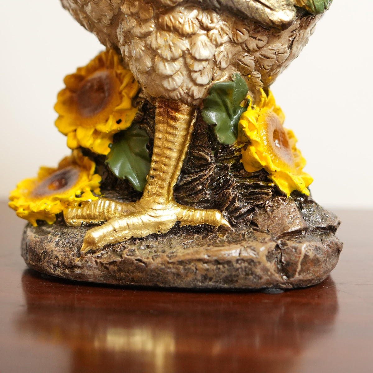 Golden Feather Rooster Figurine with Sunflowers