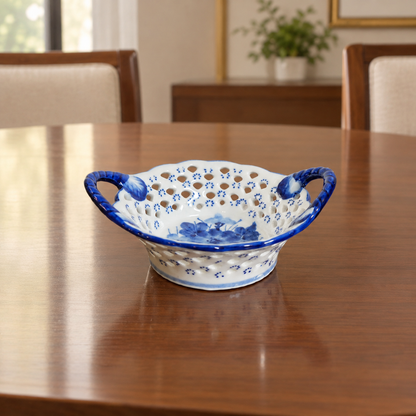 Cobalt Blue Floral Pierced Ceramic Basket with Handles