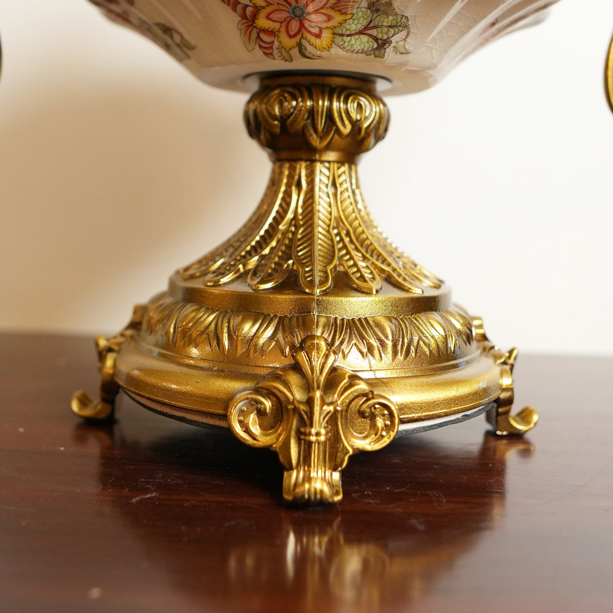 Ivory Jacobean Floral Ceramic Lidded Urn with Gold Scroll Handles & Pedestal