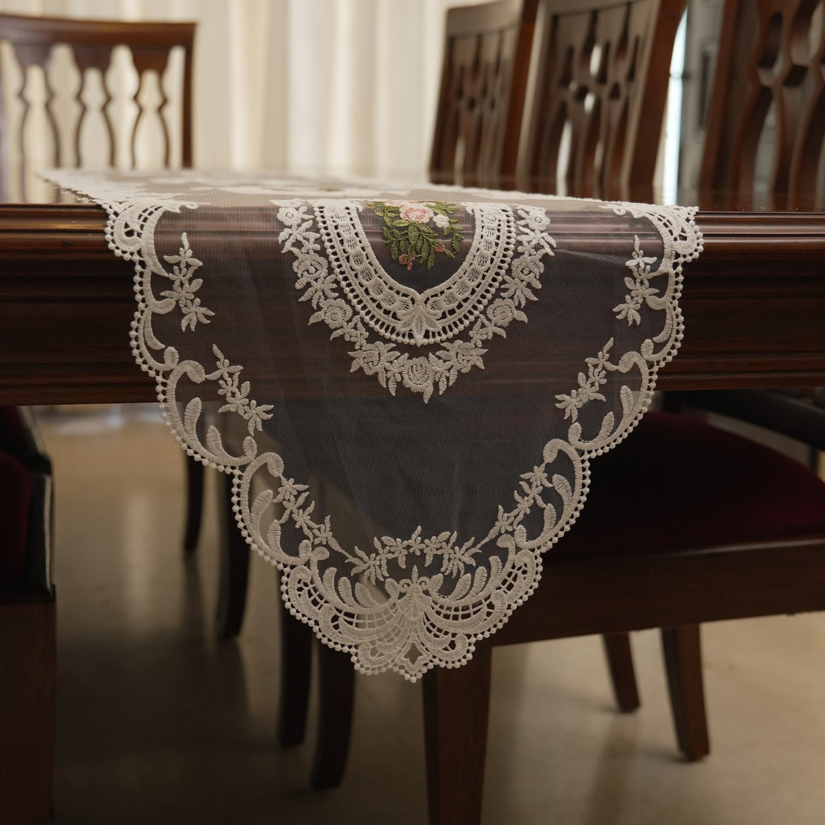 Ivory Rose Medallion Sheer Lace Table Runner (Long)