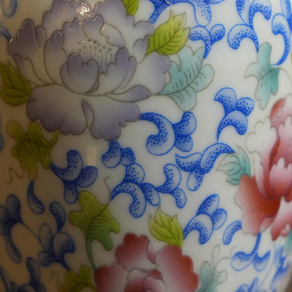 Pink Peony & Blue Scroll Ceramic Lidded Jar