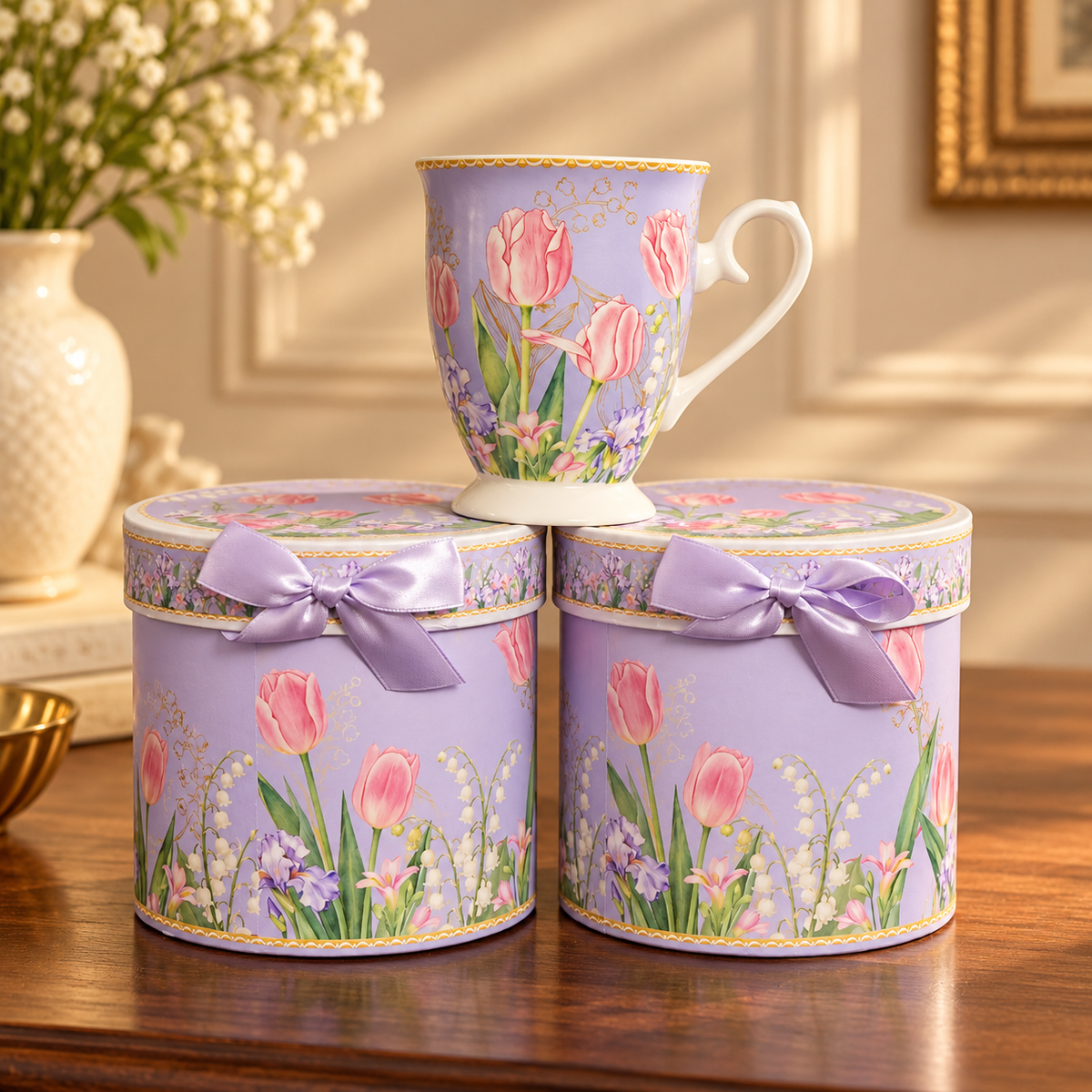 Lilac Tulip Ceramic Mug with Round Gift Box