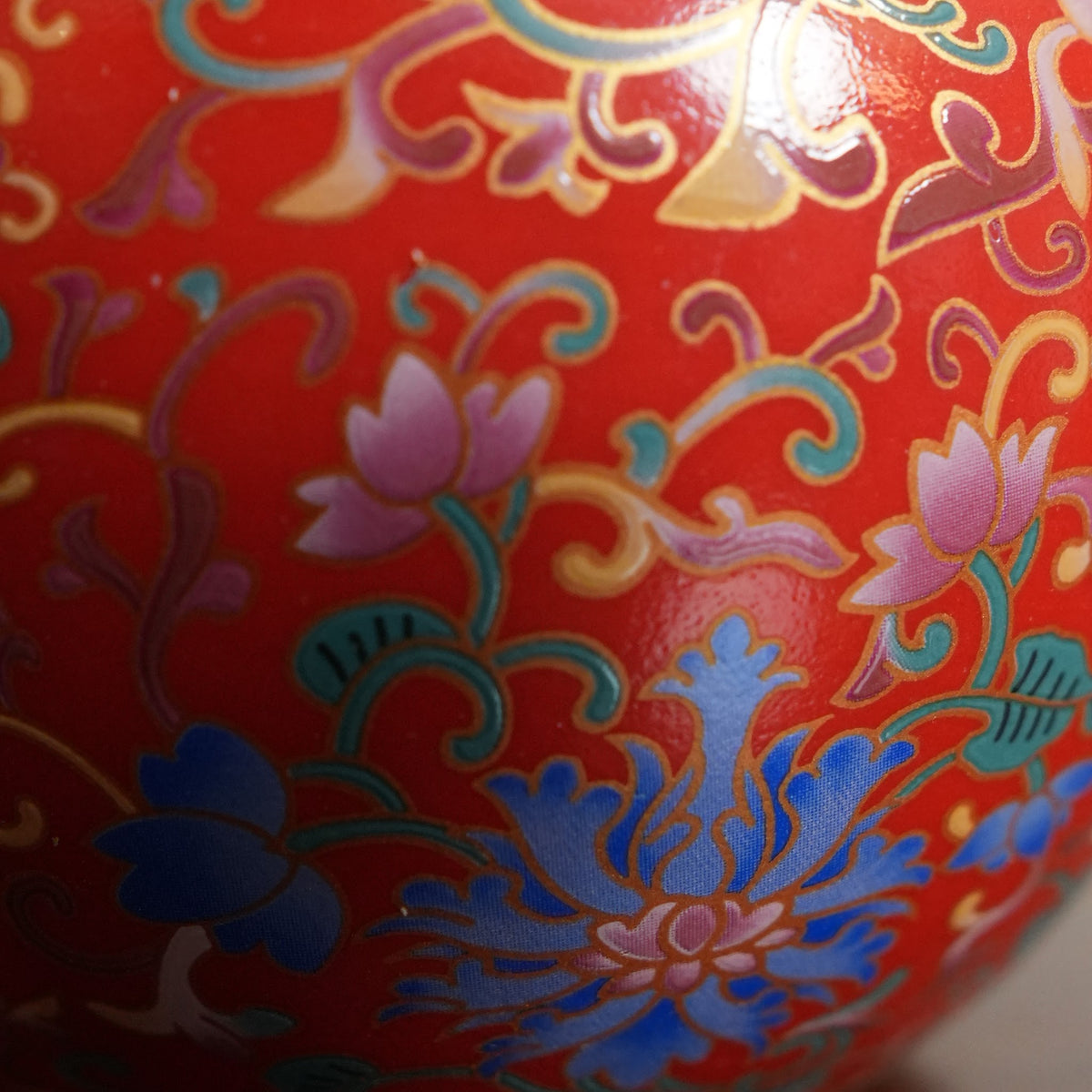 Coral Red Enamel Floral Ceramic Round Lidded Jar