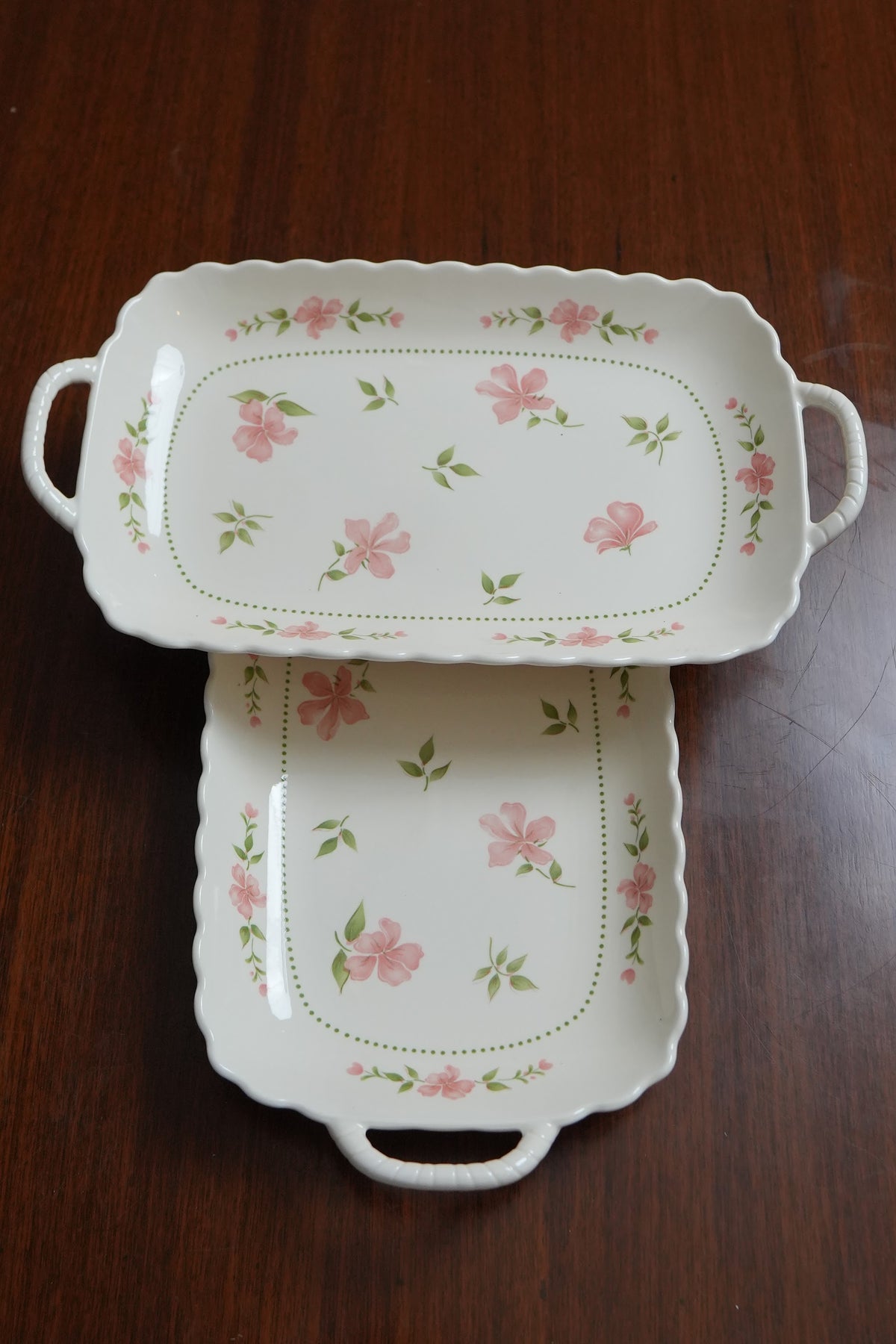 Blush Blossom Ceramic Rectangular Platter with Handles Set of 2