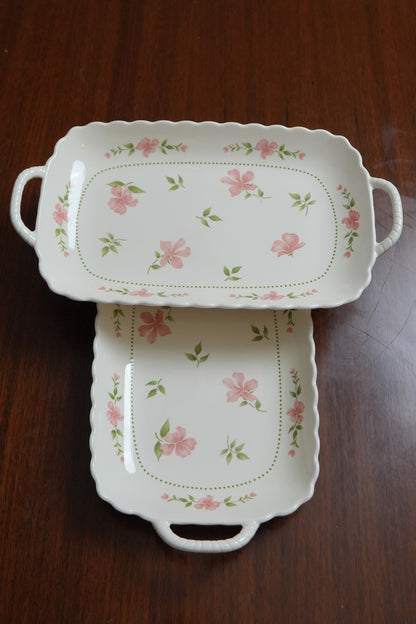 Blush Blossom Ceramic Rectangular Platter with Handles Set of 2