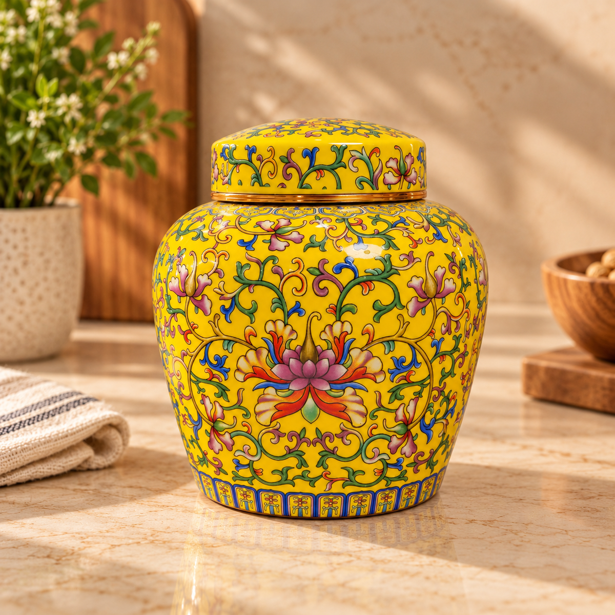 Imperial Yellow Enamel Lotus Ceramic Lidded Jar