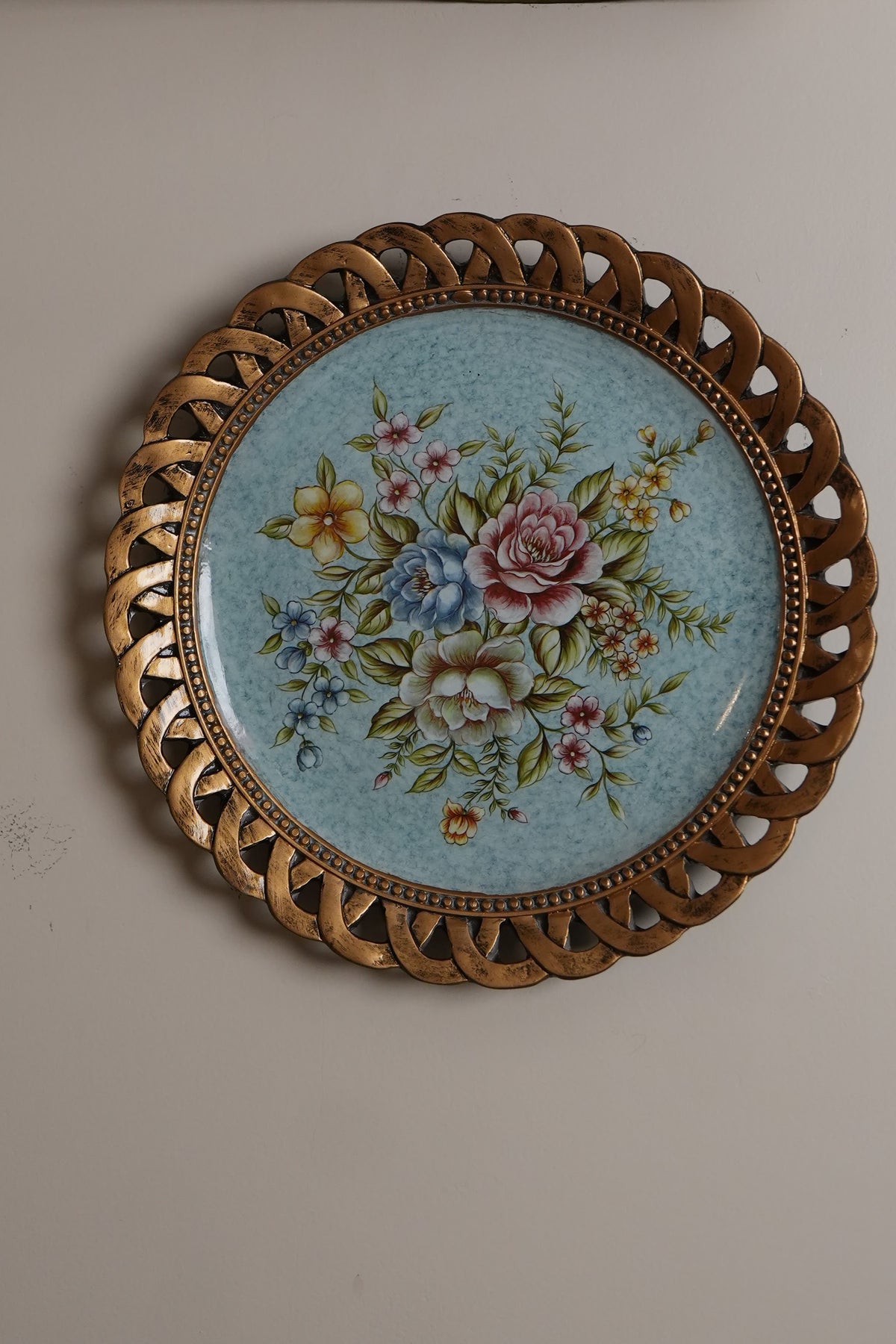 Sky Blue Floral Wall Plate with Bronze Lattice Rim