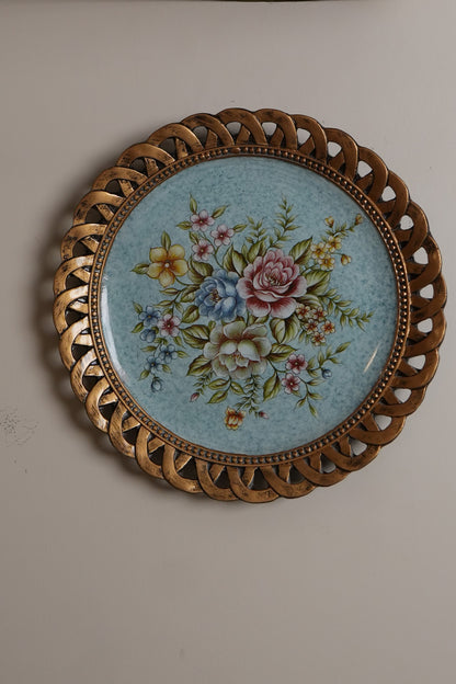 Sky Blue Floral Wall Plate with Bronze Lattice Rim