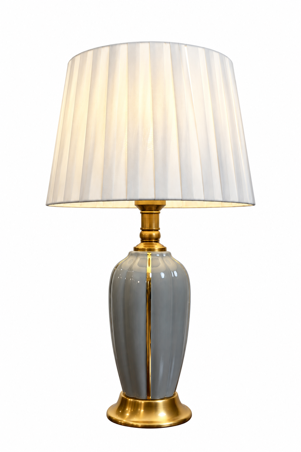 Grey Fluted Ceramic Table Lamp with Gold Accents