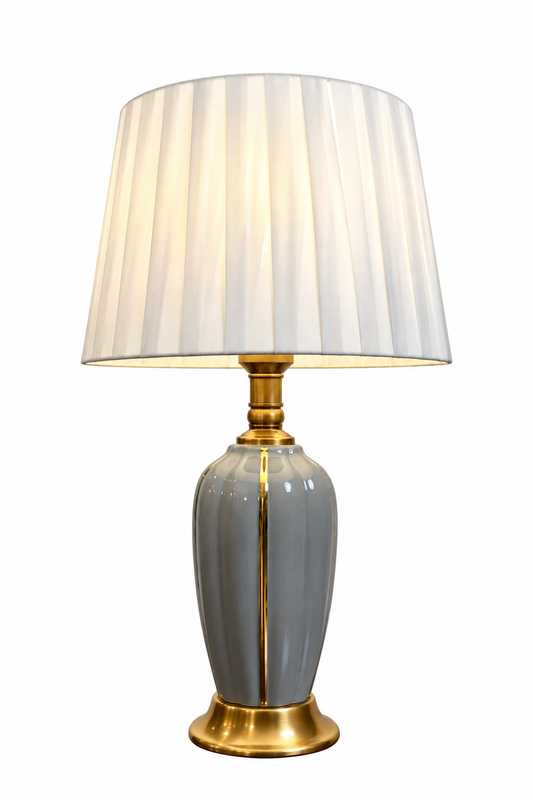 Grey Fluted Ceramic Table Lamp with Gold Accents