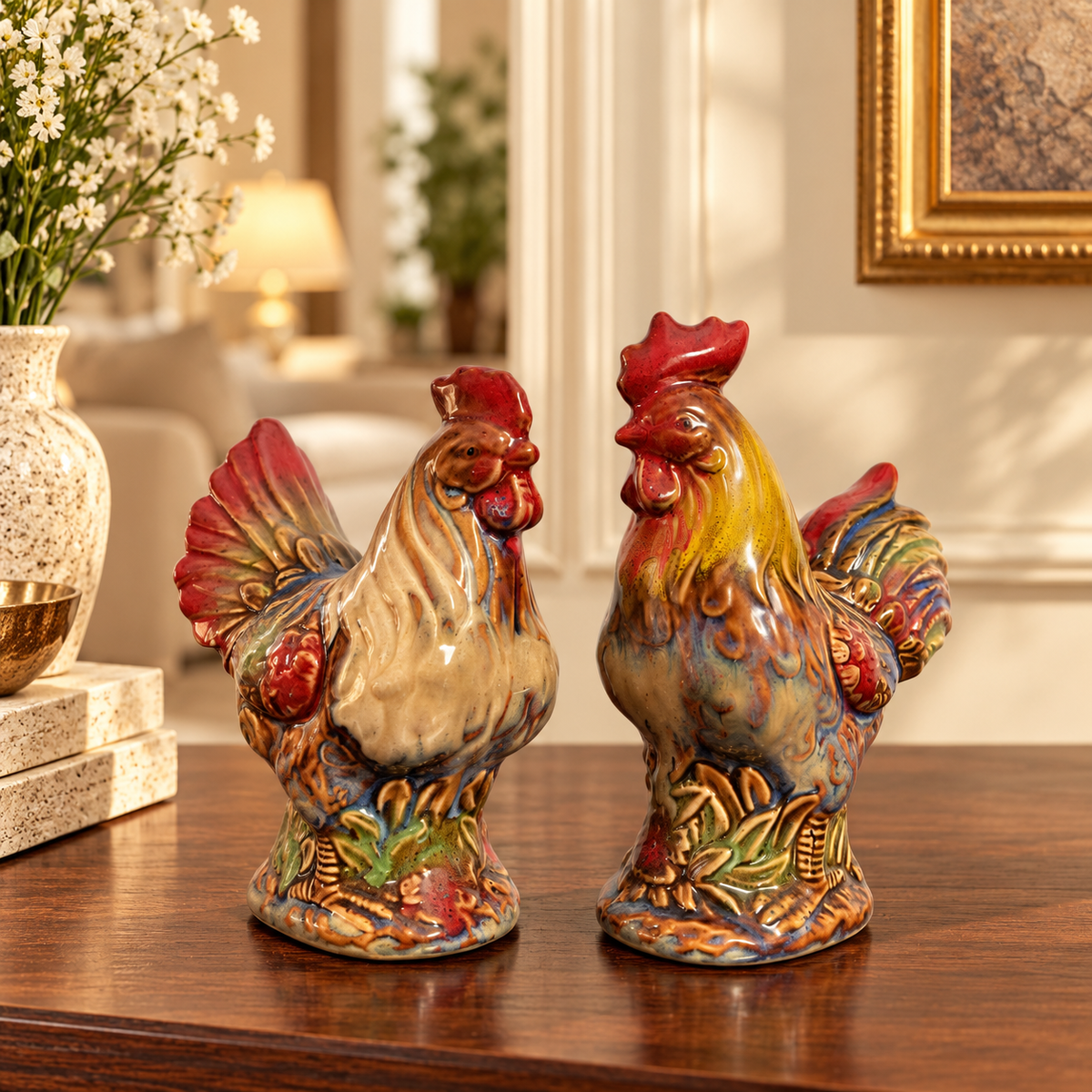 Glazed Rooster Ceramic Figurine (Set of 2)