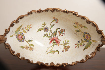 Ivory Floral Ceramic Boat Centerpiece with Gold Handles