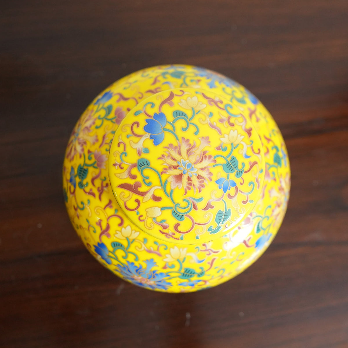 Imperial Yellow Enamel Floral Ceramic Round Lidded Jar