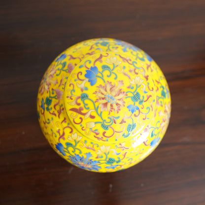 Imperial Yellow Enamel Floral Ceramic Round Lidded Jar