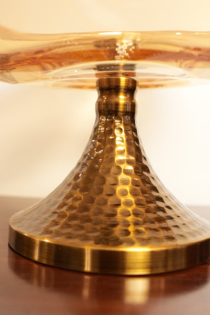 Amber Glass Round Pedestal Bowl with Hammered Gold Stand