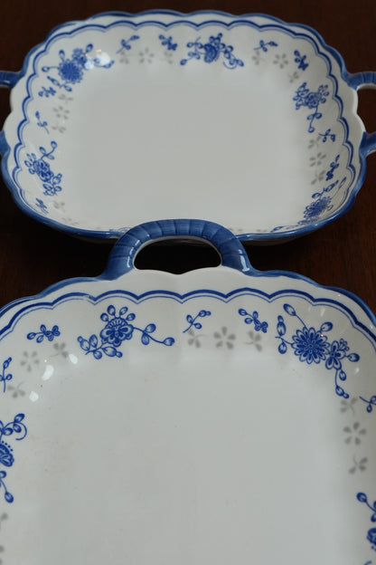 Blue Sprig Ceramic Square Platter with Handles Set of 2