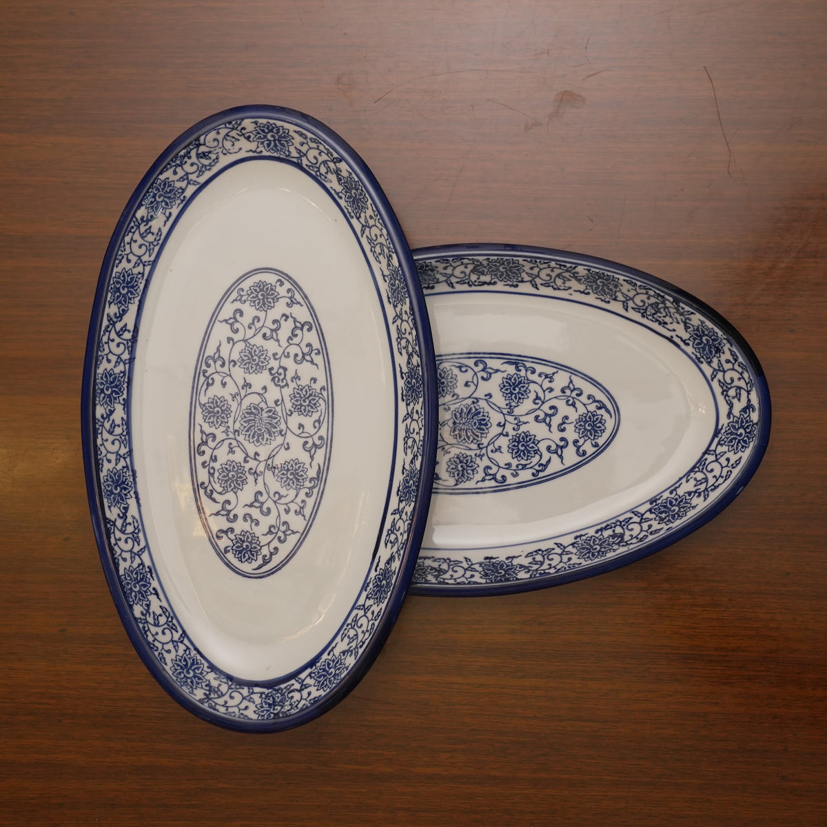 Blue Floral Ceramic Serveware - Oval Serving Platter | Set of 2