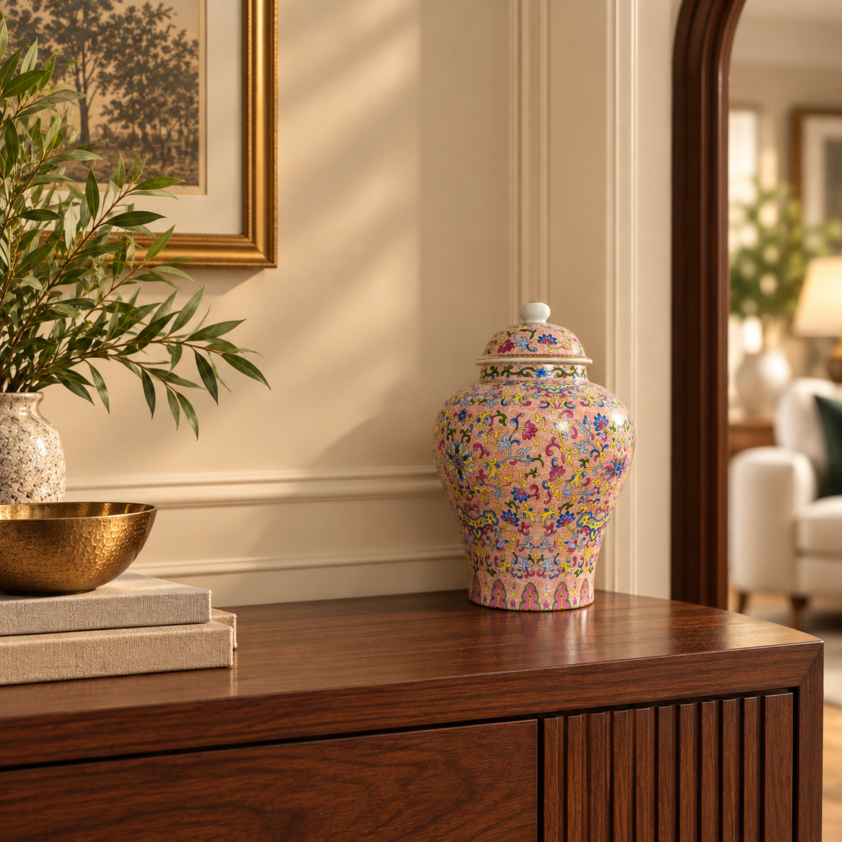 Blush Pink Floral Scroll Ceramic Ginger Jar