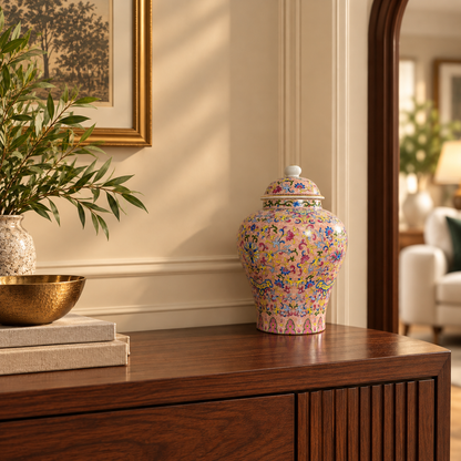 Blush Pink Floral Scroll Ceramic Ginger Jar