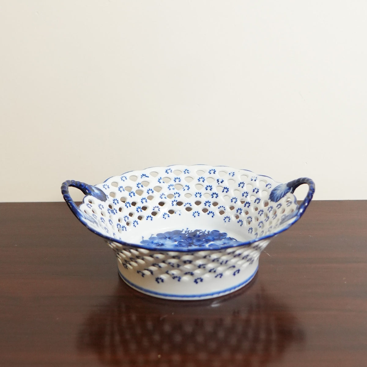 Blue Floral Pierced Lattice Ceramic Basket with Handles