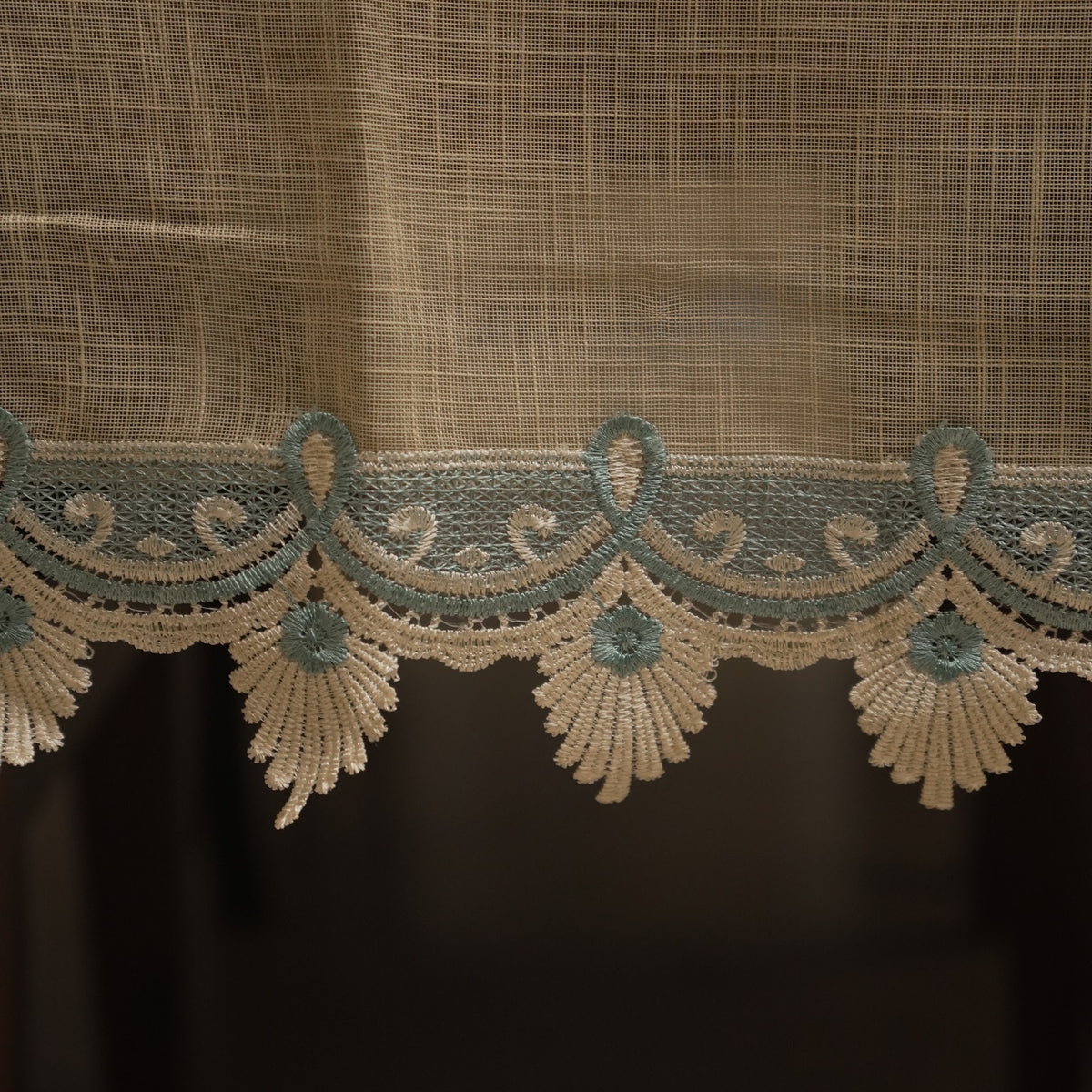 Close-up of the aqua and cream scalloped lace border